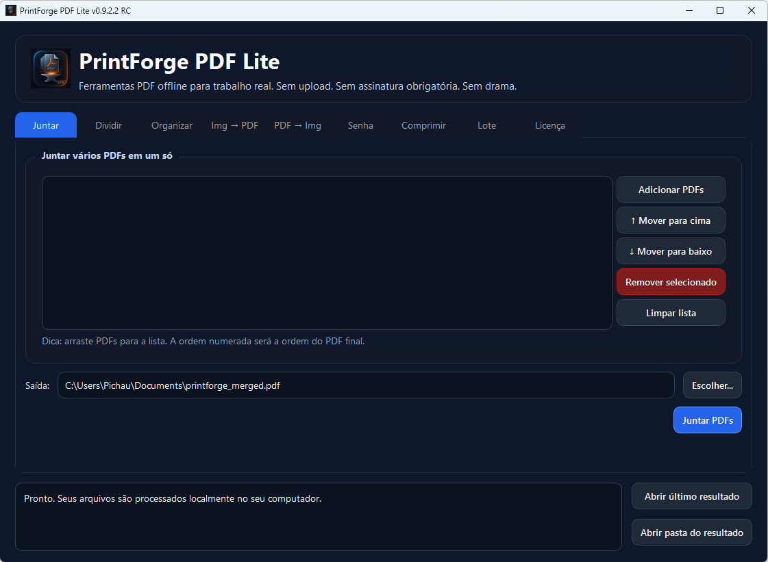 Tela do PrintForge PDF Lite na aba Juntar PDFs.