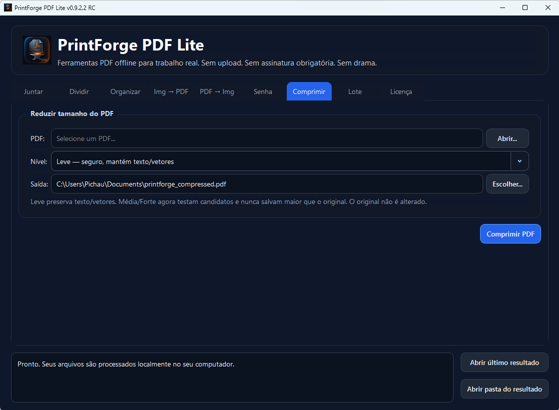 Tela do PrintForge PDF Lite na aba Comprimir PDF.