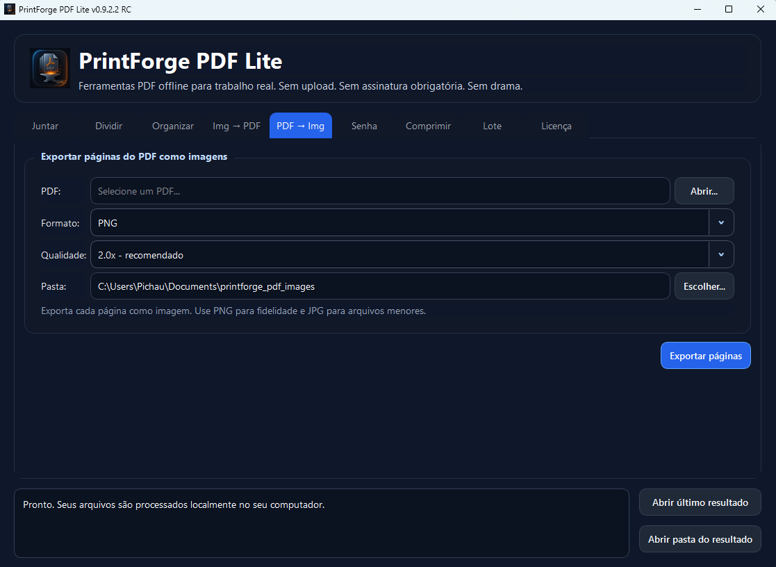 Tela do PrintForge PDF Lite exportando páginas de PDF como imagens.