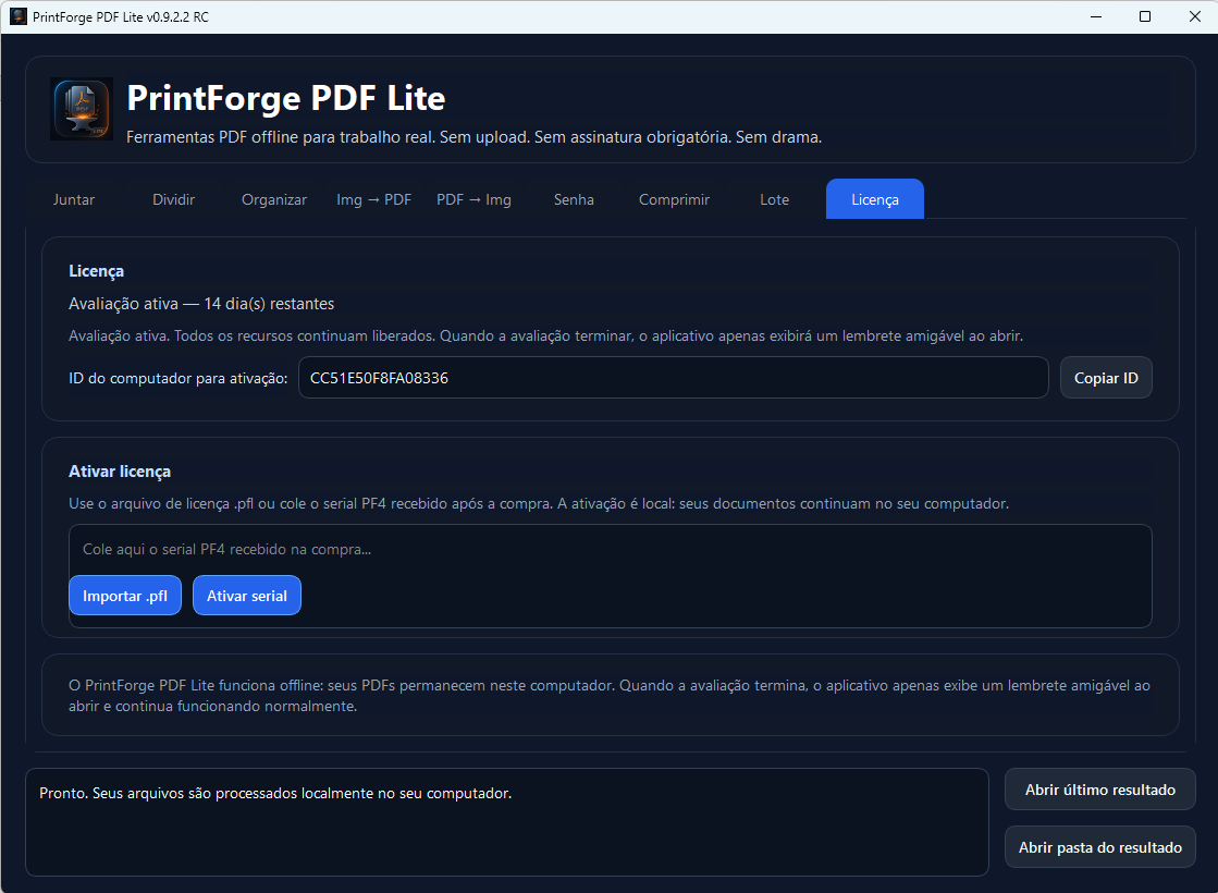 Tela de licença do PrintForge PDF Lite com avaliação ativa.