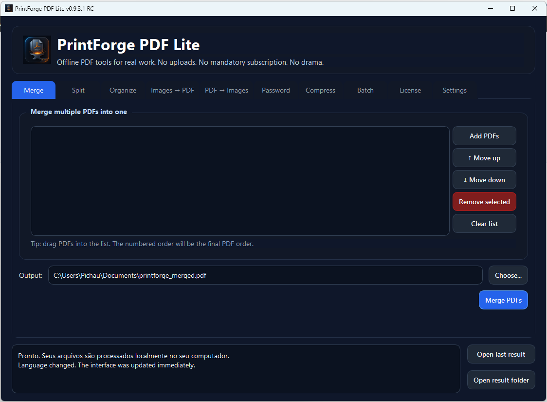 PrintForge PDF Lite screenshot showing the Merge PDFs tab in English.
