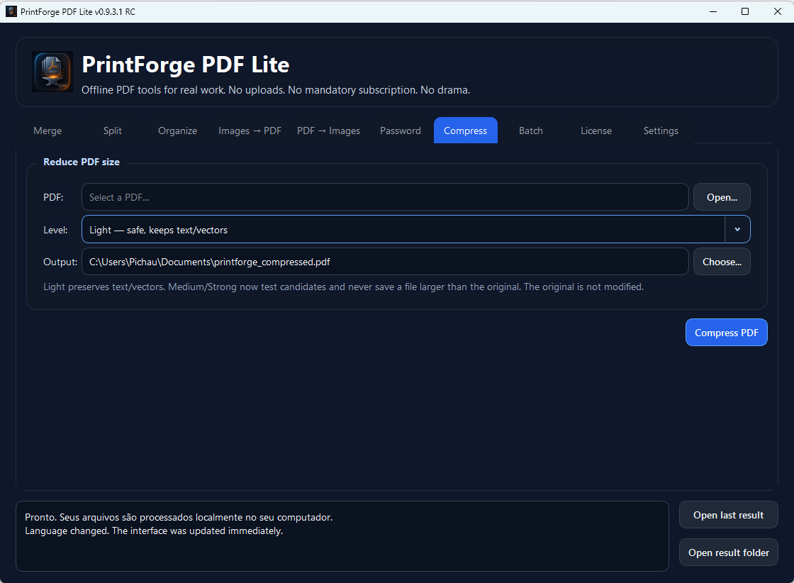 PrintForge PDF Lite screenshot showing the Compress PDF tab in English.