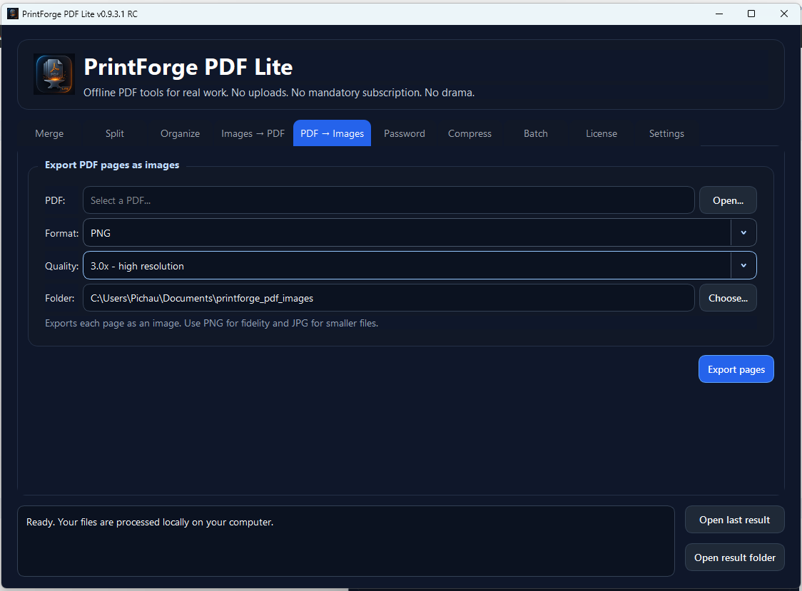 PrintForge PDF Lite screenshot showing the PDF to Images tab in English.