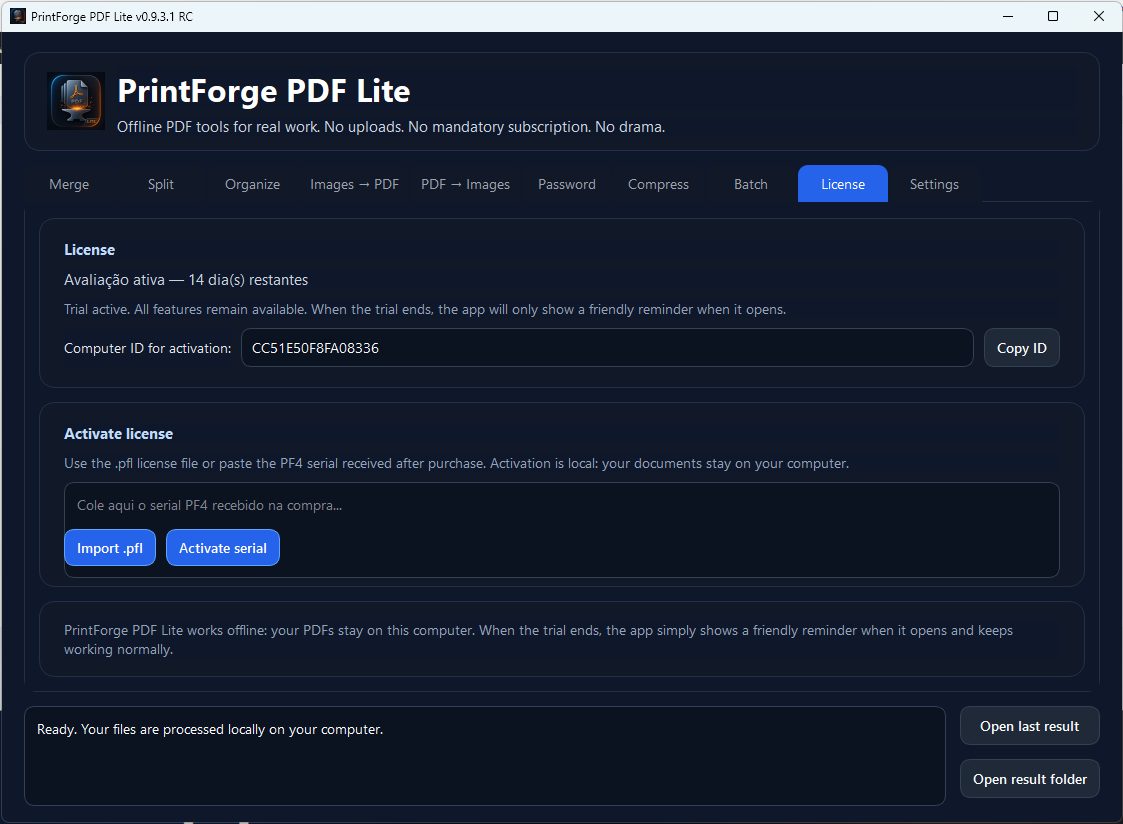 PrintForge PDF Lite screenshot showing the License tab in English.